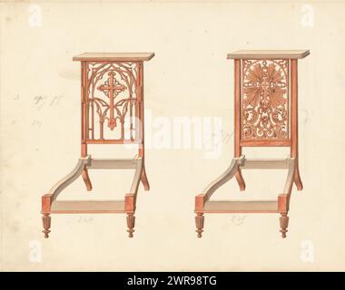 Deux dessins pour prie-dieu, deux dessins pour prie-dieu (chaises de prière), sans rembourrage, avec des sculptures richement décorées. La feuille au dos est numérotée : 50, la feuille opposée avec des informations (manquantes ici) sur le mobilier représenté est numérotée : 50 bis. Partie d'un album de 80 pages avec des dessins et une impression de meubles plaqués et laqués, ainsi que des meubles d'assise., dessinateur : anonyme, Paris, (éventuellement), c. 1825 - c. 1839, papier, stylo, pinceau, hauteur c. 240 mm, largeur c. 310 mm, dessin Banque D'Images