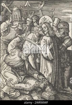 Judas Kiss, la petite passion (titre de la série), Judas embrasse Christ sur la joue pour indiquer que c'est l'homme que les soldats doivent capturer. Au premier plan, Peter tient Malchus par les cheveux pour lui couper l'oreille. L'impression fait partie d'un livre., imprimeur : Jacob Cornelisz van Oostsanen, éditeur : Doen Pietersz., Amsterdam, 1523, papier, hauteur 112 mm × largeur 81 mm, hauteur 141 mm × largeur 101 mm, impression Banque D'Images