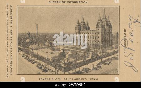 Temple des Saints des derniers jours, ou Mormons, à Salt Lake City, bloc Temple Salt Lake City, Utah (titre sur l'objet), anonyme, anonyme, Salt Lake City, États-Unis d'Amérique, 1900 - 1930, papier, hauteur 63 mm × largeur 107 mm, impression photomécanique Banque D'Images