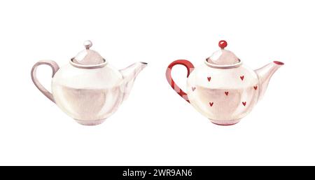 Deux théières en céramique blanche en porcelaine pour le thé aux coeurs rouges. Aquarelle illustration dessinée à la main isolé sur fond blanc. Parfait pour les listes de recettes Banque D'Images