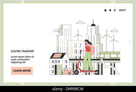 Sensibilisation à la qualité de l'air Web ou atterrissage. Transports urbains durables. Femme sur scooter électrique dans le paysage urbain avec des éoliennes et des panneaux solaires. Énergie verte et air pur. Illustration vectorielle plate. Illustration de Vecteur