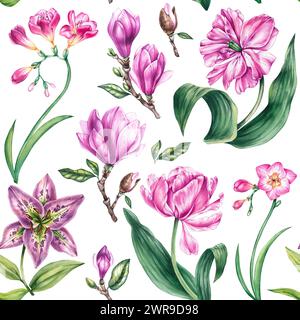 Aquarelle fleurissant motif sans couture sur un fond blanc. Modèle sans couture avec des fleurs dessinées à la main de lis, magnolia, freesia pour la conception de pack Banque D'Images