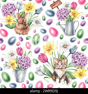 Motif aquarelle de printemps avec de petits animaux, des œufs de Pâques et des fleurs de printemps. Modèle sans couture de printemps pshal pour la conception d'emballage, cartes, invitations, Banque D'Images