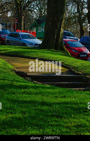 Parc ensoleillé avec de l'herbe verte et un sentier menant à travers les arbres, avec des voitures garées en arrière-plan à Harrogate, en Angleterre. Banque D'Images