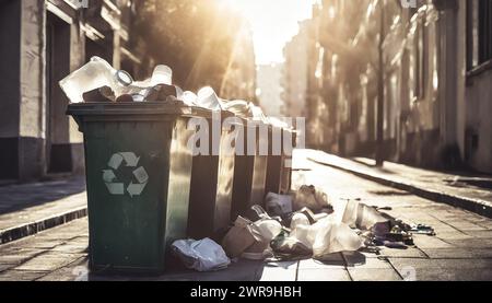 Recycler des conteneurs pleins de déchets dans une rue de ville. Recyclage des déchets, concept d’économie circulaire Banque D'Images