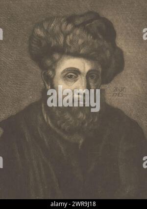 Portrait d'un homme inconnu avec un chapeau, peut-être un rabbin, imprimeur : monogrammiste BVH, d'après dessin de : Rembrandt van Rijn, (peut-être), Nord des pays-Bas, 1785, papier, gravure, hauteur 140 mm × largeur 108 mm, impression Banque D'Images