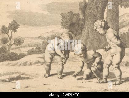 Jeu de marbre, jeux d'enfants (série B) (titre de la série), jeu d'enfants Verscheydene Aerdig UYT Gebeelt par Cornelis Holsteyn (titre de la série), trois enfants jouent dans un paysage avec des marbres., imprimeur : Michiel Mosijn, après conception par : Cornelis Holsteyn, 1640 - 1655, papier, gravure, hauteur 135 mm × largeur 189 mm, impression Banque D'Images