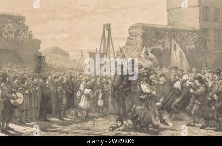 Pose de la première pierre du Saint-Antonispoort, pose de la première pierre du Saint-Antonispoort (aujourd'hui Waaggebouw sur le Nieuwmarkt), le 28 avril 1488. Sur la gauche, un personnage tient une bannière avec les croix d'Amsterdam. Saint Sébastien est représenté sur un drapeau à droite de la foule. Au premier plan, une figure est piétinée par un bouffon de cour., imprimeur : Johan Conrad Greive, imprimeur : Tresling & Comp., éditeur : Tresling & Comp., Amsterdam, 1876, papier, hauteur 354 mm × largeur 535 mm, impression Banque D'Images