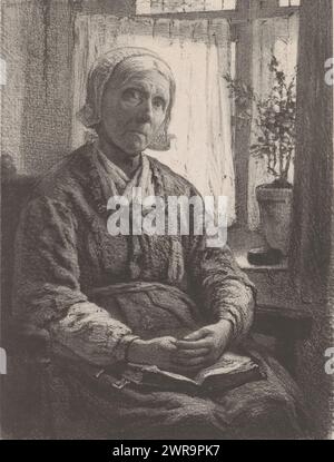 Vieille femme à une fenêtre, la femme a les mains pliées et un livre ouvert sur ses genoux., imprimeur : Jan Mesker, après peinture par : Gerke Henkes, imprimeur : Koninklijke Nederlandsche Steendrukkerij, la Haye, 1867 - 1874, papier, hauteur 355 mm × largeur 270 mm, impression Banque D'Images