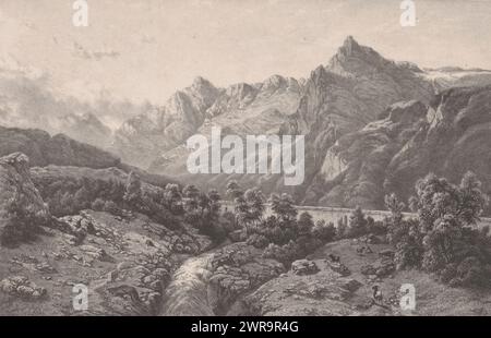 Paysage de montagne, Un paysage de montagne avec écoulement d'eau., imprimeur : Adolf Carel Nunnink, après peinture par : Johannes Gijsbert Vogel, imprimeur : Koninklijke Nederlandse Steendrukkerij van C.W. Mieling, la Haye, 1847 - 1865, papier, hauteur 269 mm × largeur 353 mm, impression Banque D'Images