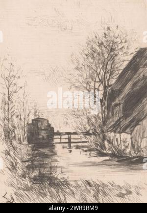 Ferme près d'un pont sur un large fossé, imprimeur : Louise danse, (signé par l'artiste), 1877 - 1909, papier, gravure, pointe sèche, hauteur 119 mm × largeur 78 mm, impression Banque D'Images