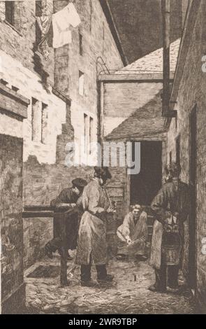 Quatre personnages jouent un jeu avec des bouchons dans une allée, imprimeur : Josué Dupon, 1887, papier, gravure, hauteur 240 mm × largeur 156 mm, impression Banque D'Images