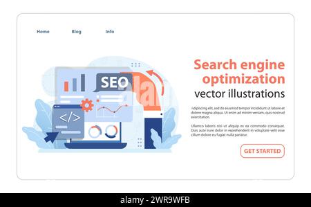 Visualisation de stratégie SEO. Une main affine les éléments SEO sur un écran, améliorant ainsi la visibilité sur le Web et les classements de recherche. Illustration vectorielle plate. Illustration de Vecteur