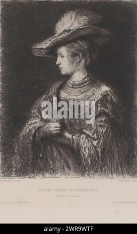 Portrait de Saskia van Uylenburgh, Saskia, femme de Rembrandt (titre sur objet), imprimeur : Léopold Flameng, d'après peinture par : Rembrandt van Rijn, imprimeur : Alfred Salmon, Paris, 1869, papier, gravure, point sec, hauteur 312 mm × largeur 164 mm, impression Banque D'Images