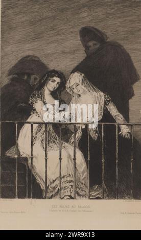 Deux femmes avec deux hommes derrière eux à l'ombre, les majas au balcon (titre sur objet), imprimeur : Léopold Flameng, d'après la peinture de : Francisco de Goya, imprimeur : Alfred Salmon, Paris, 1841 - 1910, papier, gravure, hauteur 234 mm × largeur 170 mm, impression Banque D'Images