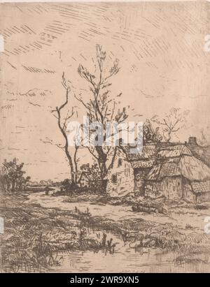 Paysage avec ferme, imprimeur : Louis Adolphe Jacobs, 1865 - 1910, papier, gravure, hauteur 180 mm × largeur 138 mm, impression Banque D'Images