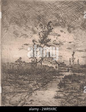 Paysage avec ferme, imprimeur : Louis Adolphe Jacobs, 1865 - 1910, papier, gravure, hauteur 168 mm × largeur 133 mm, impression Banque D'Images