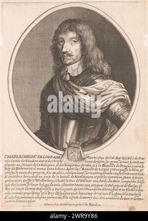 Portrait de Charles IV, duc de Lorraine, Charles IIII duc de Lorraine (titre sur objet), portraits de personnages historiques célèbres (titre de la série), tableaux historiques ou sont gravez les illustres François et Etrangiers de l'un et l'autre sexe ( ...) (Titre de la série), imprimeur : Pierre Daret, éditeur : Pierre Daret, Lodewijk XIV (koning van Frankrijk), imprimeur : Paris, éditeur : Paris, France, 1652, papier, gravure, hauteur 192 mm × largeur 133 mm, impression Banque D'Images