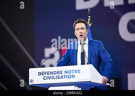 Paris, France. 10 mars 2024. Guillaume Peltier à la réunion de lancement de la campagne électorale européenne du parti d'extrême droite 'Reconquete' à Paris, France, le 10 mars 2024. Crédit : Victor Joly/Alamy Live News Banque D'Images