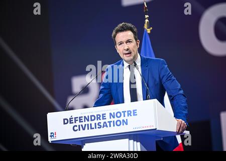 Paris, France. 10 mars 2024. Guillaume Peltier à la réunion de lancement de la campagne électorale européenne du parti d'extrême droite 'Reconquete' à Paris, France, le 10 mars 2024. Crédit : Victor Joly/Alamy Live News Banque D'Images