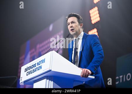 Paris, France. 10 mars 2024. Guillaume Peltier à la réunion de lancement de la campagne électorale européenne du parti d'extrême droite 'Reconquete' à Paris, France, le 10 mars 2024. Crédit : Victor Joly/Alamy Live News Banque D'Images