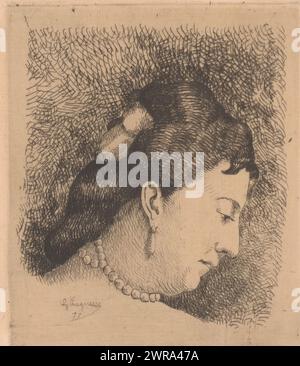 Portrait d'une femme inconnue avec collier de perles, imprimeur : G. Laguesse, 1877, papier, gravure, pointe sèche, hauteur 117 mm × largeur 100 mm, impression Banque D'Images