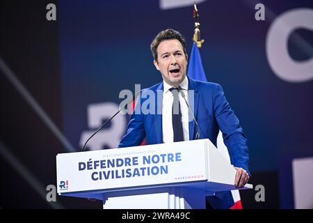 Paris, France. 10 mars 2024. Guillaume Peltier à la réunion de lancement de la campagne électorale européenne du parti d'extrême droite 'Reconquete' à Paris, France, le 10 mars 2024. Crédit : Victor Joly/Alamy Live News Banque D'Images