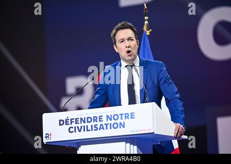 Paris, France. 10 mars 2024. Guillaume Peltier à la réunion de lancement de la campagne électorale européenne du parti d'extrême droite 'Reconquete' à Paris, France, le 10 mars 2024. Crédit : Victor Joly/Alamy Live News Banque D'Images