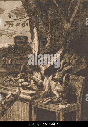 Nature morte avec gibier et deux chiens, imprimeur : David Emile Joseph de Noter, (attribué à), 1840 - 1875, papier, gravure, hauteur 154 mm × largeur 104 mm, impression Banque D'Images