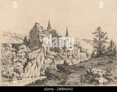 Paysage de montagne avec le château de Sigmaringen, imprimeur : Maria van Hohenzollern-Sigmaringen (Gravin van Vlaanderen), 1876, papier, gravure, pointe sèche, retroussage, hauteur 257 mm × largeur 346 mm, impression Banque D'Images