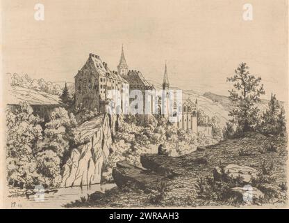 Paysage de montagne avec le château de Sigmaringen, imprimeur : Maria van Hohenzollern-Sigmaringen (Gravin van Vlaanderen), 1876, papier, gravure, pointe sèche, retroussage, hauteur 257 mm × largeur 346 mm, impression Banque D'Images