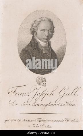 Portrait de Franz Joseph Gall, texte en allemand dans la marge inférieure., imprimeur : Johann Daniel Laurenz (II), après peinture par : Carl Heinrich Rahl, 1780 - 1832, papier, gravure, hauteur 163 mm × largeur 89 mm, impression Banque D'Images