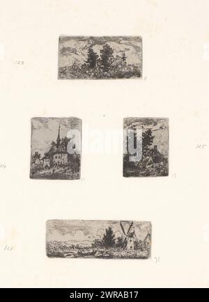 Quatre paysages, quatre scènes sur une page : paysage avec des arbres ; petite église ; Maison avec deux grands arbres ; Moulin sur l'eau., imprimeur : Arnoud Schaepkens, 1855 - 1904, papier, gravure, pointe sèche, hauteur 345 mm × largeur 312 mm, impression Banque D'Images