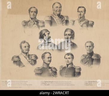 Portraits de neuf généraux, portraits de Charles Jean Napier, FitzRoy Somerset (baron de Raglan), Jacques Leroy de Saint-Arnaud, Napoléon Bonaparte, Ivan Paskevich, Mikhaïl Dmitrievitch Gorchakov, Alexander Sergueïevitch Menchikov, Omar Pascha et Ismael Pascha., imprimeur : Louis Lisso, imprimeur : Wolf Hagelberg, éditeur : Julius Springer, Berlin, 1820 - 1860, papier, hauteur 440 mm × largeur 565 mm, impression Banque D'Images