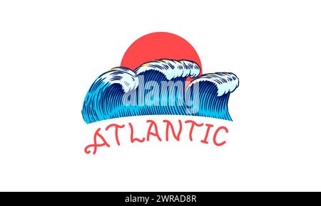 Un logo pour Atlantique avec des vagues et Un soleil rouge Illustration de Vecteur