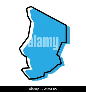 Carte simplifiée du pays Tchad. Silhouette bleue avec contour noir épais isolé sur fond blanc. Icône vectorielle simple Illustration de Vecteur