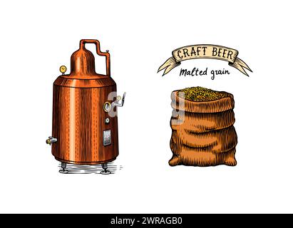 Alcool distillé. Dispositif de préparation de la tequila, du cognac et des spiritueux. Dessin vintage gravé à la main. Style de coupe de bois. Illustration vectorielle du menu Illustration de Vecteur