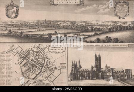 Carte et vue de Canterbury et de la cathédrale de Canterbury, l'estampe se compose de trois parties. Vue panoramique sur la ville et ses environs depuis le nord. En haut à droite le cartouche avec la dédicace en anglais et en haut à gauche un blason. En bas à gauche se trouve la carte de la ville avec les bâtiments dans une vue plongeante, avec une boîte à gauche avec la légende en anglais, échelle et boussole. En bas à droite une représentation de la cathédrale de Canterbury (Christ Church) vue du sud., imprimeur : Wenceslaus Hollar, après dessin par : Thomas Johnson (17de eeuw ), éditeur : John Ogilby, Londres, 1671 - 1676 Banque D'Images