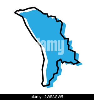 Carte simplifiée du pays Moldavie. Silhouette bleue avec contour noir épais isolé sur fond blanc. Icône vectorielle simple Illustration de Vecteur