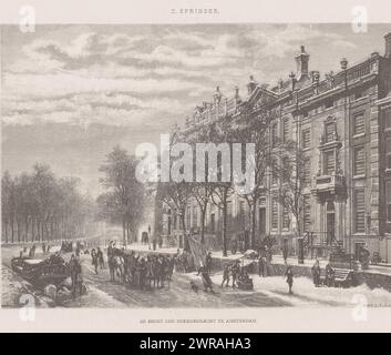 Vue hivernale du virage dans le Herengracht à Amsterdam, le virage du Heerengracht à Amsterdam (titre sur objet), imprimeur : Emil Ost, après conception par : Cornelis Springer, 1856 - c. 1921, papier, gravure sur bois, typographie, hauteur 329 mm × largeur 499 mm, impression Banque D'Images