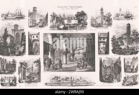 Paysages urbains de Venise, croquis vénitiens (titre de la série), croquis vénitiens (titre de la série sur objet), impression avec dix-sept vues de la ville de Venise., imprimeur : Pietro Chevalier, imprimeur : Deyé, éditeur : Joseph Kier, Venise, 1833, papier, hauteur 490 mm × largeur 630 mm, impression Banque D'Images