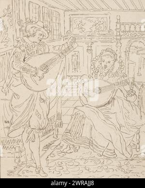 Gentleman et dame jouant du luth, intérieur avec un homme et une femme, jouant tous deux du luth. L'impression est lâche dans un album, voir page 22., imprimeur : Bernhard Schreuder, après dessin par : Karel van Mander (I), après dessin par : David Vinckboons, (attribution rejetée), Amsterdam, 1772 - 1774, papier, gravure, hauteur 198 mm × largeur 172 mm, impression Banque D'Images