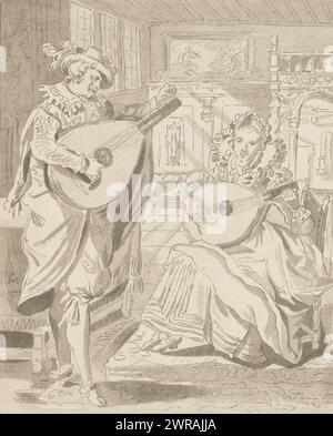 Gentleman et dame jouant du luth, intérieur avec un homme et une femme, jouant tous deux du luth. L'impression est lâche dans un album, voir page 22., imprimeur : Bernhard Schreuder, après dessin par : Karel van Mander (I), Cornelis Ploos van Amstel, Amsterdam, 1772 - 1774, papier, gravure, hauteur 168 mm × largeur 135 mm, impression Banque D'Images