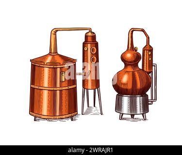 Alcool distillé. Dispositif de préparation de la tequila, du cognac et des spiritueux. Dessin vintage gravé à la main. Style de coupe de bois. Illustration vectorielle du menu Illustration de Vecteur