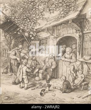 Fiddler en face d'une auberge, Un homme avec un violon et un garçon avec une rafale pressante font de la musique dans une auberge. Adultes et enfants écoutent. Une femme se penche par-dessus la porte du bas. L'impression est libre dans un album, voir page 17., imprimeur : Cornelis Ploos van Amstel, après impression par : Adriaen van Ostade, 1766 - 1770, papier, hauteur 353 mm × largeur 310 mm, impression Banque D'Images