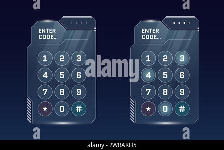 Jeu de panneaux d'entrée de code PIN d'interface utilisateur futuriste numérique HUD. Concept SCI fi High Tech protection Glow Screen GUI ou fui. Clavier de mot de passe numérique d'autorisation de menu de jeu. Déverrouiller le tableau de bord du clavier Illustration de Vecteur