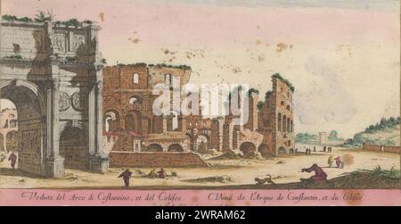 Arche de Constantin et le Colisée de Rome, Veduta del Arco di Constantino, et del Colise (...) (Titre sur objet), vues de Rome (titre de la série), vue de l'Arc de Constantin et du Colisée à Rome. Titre en italien et français dans la marge inférieure. Impression fait partie d'un album., imprimeur : Israël Silvestre, après dessin par : Israël Silvestre, Anna Beeck, imprimeur : Paris, après dessin par : Paris, la Haye, France, 1631 - 1691 et/ou 1693 - 1717, papier, gravure, hauteur 122 mm × largeur 249 mm, impression Banque D'Images