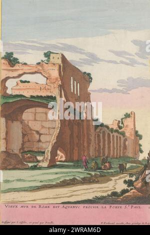 Ruine d'une ancienne muraille de Rome, Vieux mur de Rome dit Aquaduc proche la porte Paul (titre sur objet), ruines en Italie (titre de la série sur objet), paysage avec les restes de l'ancienne muraille de Rome avec une pièce incorporée aqueduc, près de la Porta San Paolo. Deux bergers et trois vaches reposent devant la ruine. Titre dans la marge inférieure. Print fait partie d'un album., imprimeur : Gabriel Perelle, après dessin par : Jan Asselijn, éditeur : Pierre Ferdinand, imprimeur : France, éditeur : Paris, la Haye, France, 1627 - 1655 et/ou 1693 - 1717, papier, gravure Banque D'Images