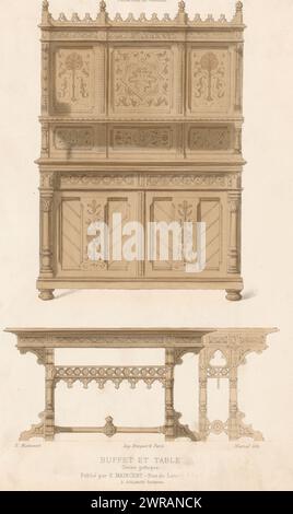 Buffet et table genre gothique, buffet et table (titre sur objet), le garde-meuble / Collection de meubles (titre de la série sur objet), buffet et table gothique. Tirage du 267e livre., imprimeur : Marcal, imprimeur : Becquet frères, éditeur : Eugène Maincent, Paris, 1885 - 1895, papier, hauteur 359 mm × largeur 272 mm, impression Banque D'Images