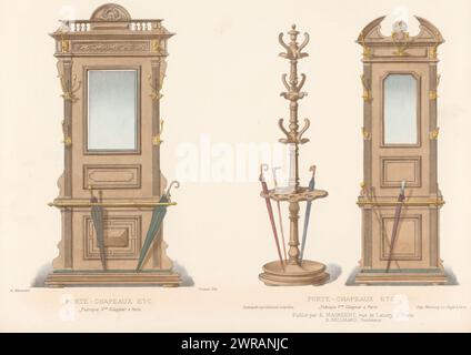 Porte-manteau et deux meubles avec miroir et porte-manteaux, porte-chapeaux etc. (titre sur objet), L'ameublement / Collection simple (titre de la série sur objet), Un porte-manteau avec porte-parapluie et deux meubles avec miroir et porte-manteaux. Tirage du 285e livre., imprimeur : Chanat, imprimeur : Monrocq, éditeur : Eugène Maincent, Paris, 1885 - 1895, papier, hauteur 269 mm × largeur 355 mm, impression Banque D'Images